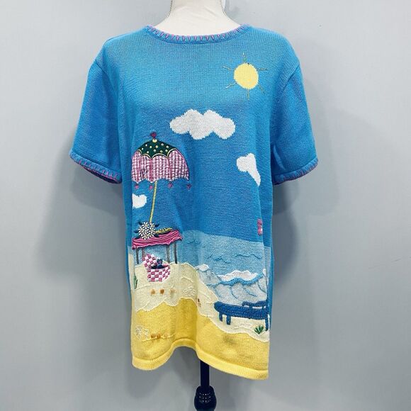 VTG The Quacker Factory L Blue Short Sleeve Beachy Knit Tunic Sweater Whimsical - Picture 10 of 16